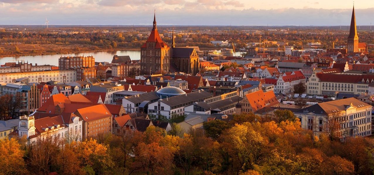 View over the city of Rostock, rostock ancient town, old, trees, river, churches, germany